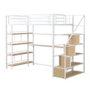 Twin Size Loft Bed With Built In Desk, Staircase Storage & 4 Tier Shelves - White by HouseOfZazla