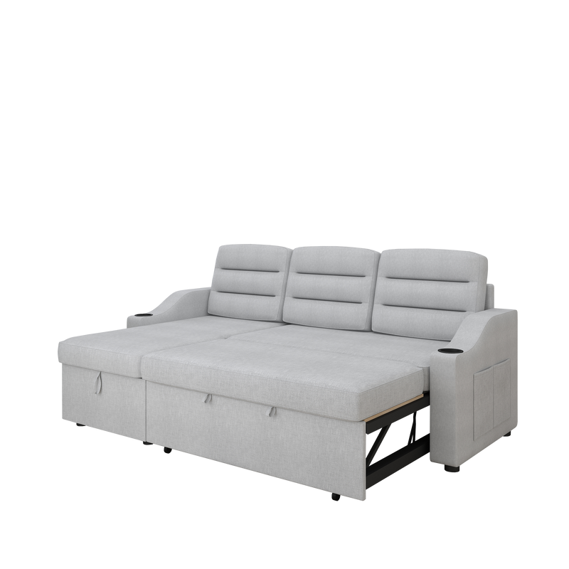 83.5" Convertible Sleeper Combo Sofa, Convertible Sofa Bed Polyester Pullout Bed with Storage Recliner and Cup Holder for Living Room, Tight Spaces
