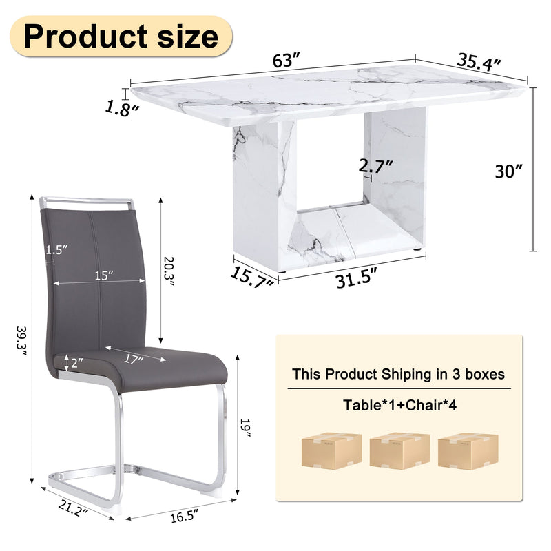 A simple dining table. A dining table with a white marble pattern. 4 PU synthetic leather high backrest cushioned side chairs with C-shaped silver metal legs. DT-SQ-16090-wh