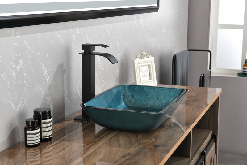 18.125" L -13.0" W -12.0" H Handmade Countertop Glass Rectangular Vessel Bathroom Sink Set in Blue Glass with Matte Black Single-Handle Single Hole Faucet and Pop Up Drain