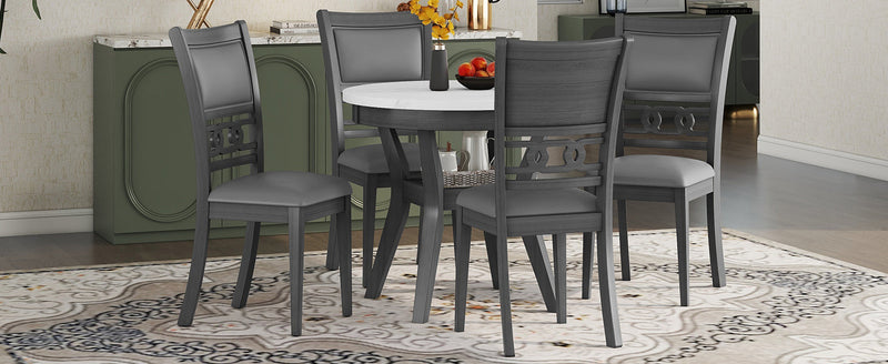 5-piece Dining Round Table Set with One Faux Marble Top Dining Table and Four PU-leather Chairs,Grey