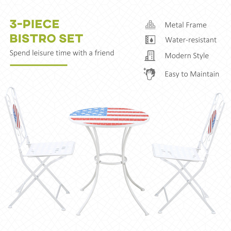 3 Piece Patio Bistro Set, Folding Outdoor Furniture with USA Mosaic Table and Chairs, Portable Metal Frames for 4th of July, Balcony, Backyard, Poolside, Porch, American Flag