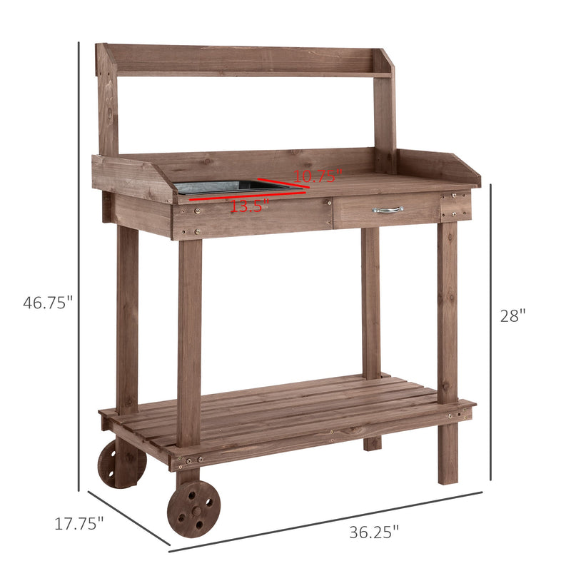 36" Wooden Potting Bench Work Table with 2 Removable Wheels, Sink, Drawer & Large Storage Spaces, Brown