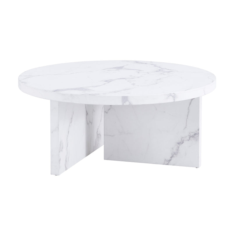 A white MDF material circular patterned coffee table, a 31.4-inch white center table, modern coffee table, suitable for small spaces and living rooms.