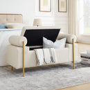 Elegant Upholstered Storage Bench With Cylindrical Arms And Iron Legs, by HouseOfZazla