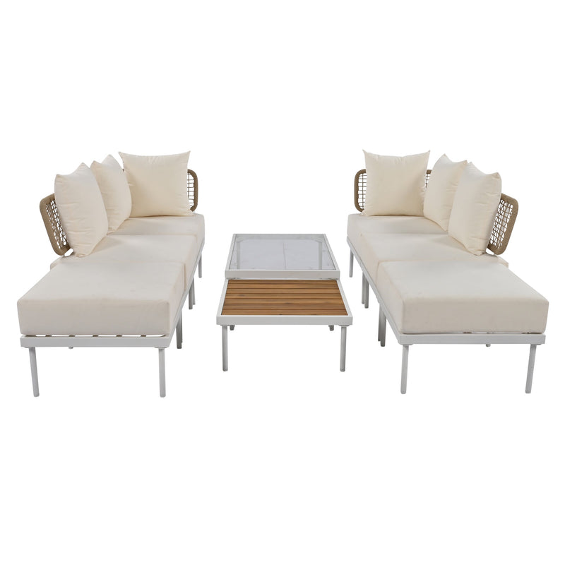 Walker Edison - 8-Piece Patio Sectional Sofa Set with Tempered Glass Coffee Table and Wooden Coffee Table for Outdoor Oasis, Garden, Patio and Poolside (Beige Cushion + White Steel)