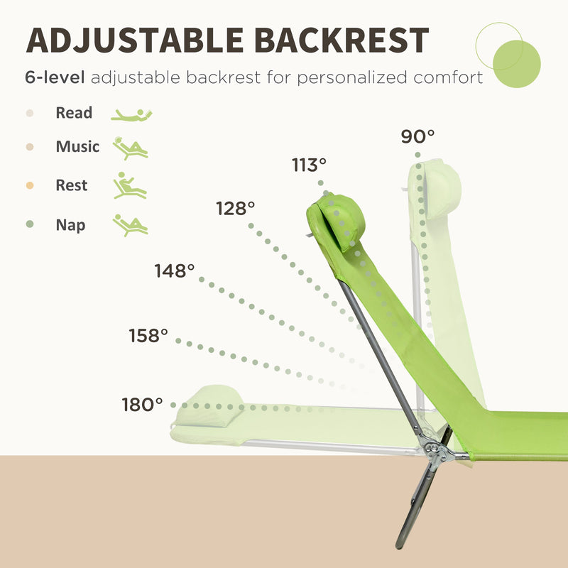 2 Piece Folding Chaise Lounge Chairs, Pool Sun Tanning Chairs, Outdoor Lounge Chairs with 6-Position Reclining Back, Breathable Mesh Seat, Headrest for Beach, Yard, Patio, Green