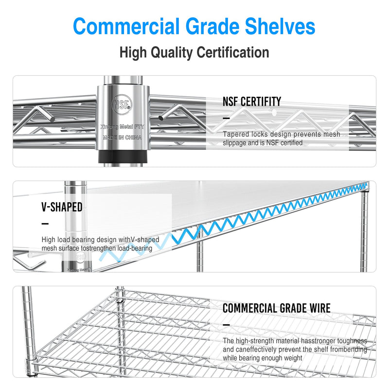 3 Tier Standing Shelf Units, 3000 LBS NSF Height Adjustable Metal Garage Storage Shelves with Wheels, Heavy Duty Storage Rack Metal Shelves - Black - 3T-2472-CHROME