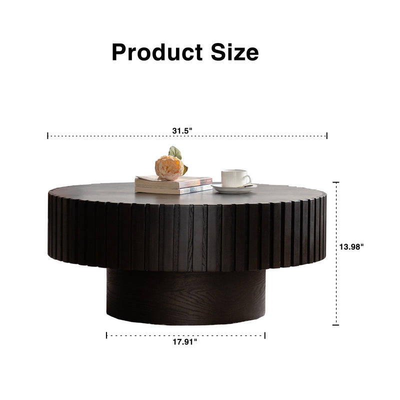 Round Coffee Table Handcrafted Relief Sturdy Pedestal Wooden Olive-Shaped Tea Table for Living Room