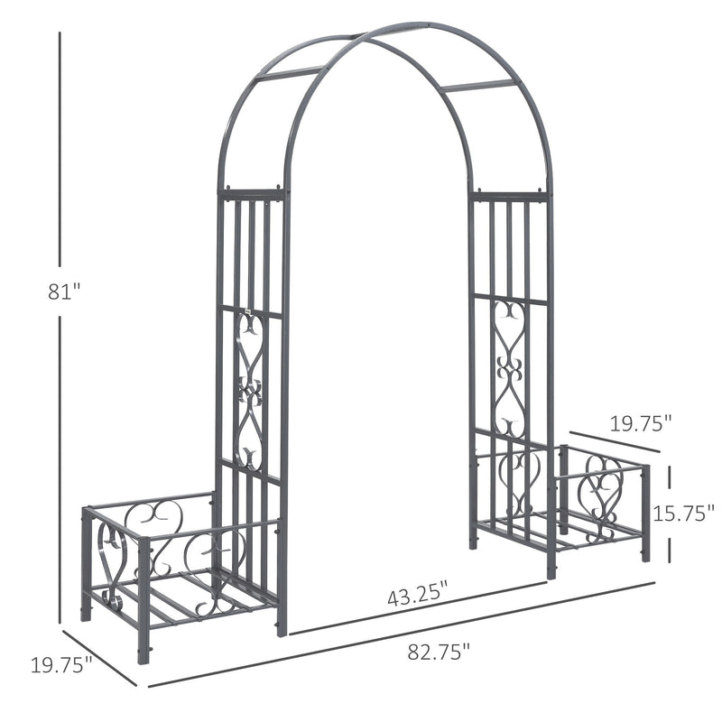 6.7' Steel Garden Arch Arbor with Scrollwork Hearts, Planter Boxes for Climbing Vines, Ceremony, Weddings, Party, Backyard, Lawn, Dark Gray
