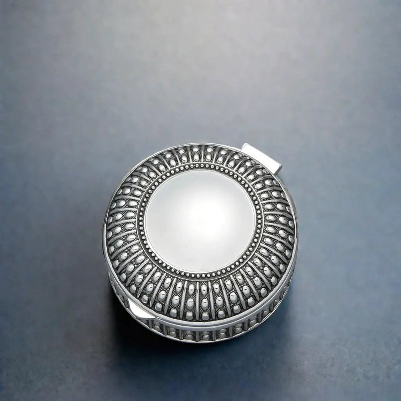 Silverplated Round Antique-Style Box with Beaded Detail, 3", installed in a room