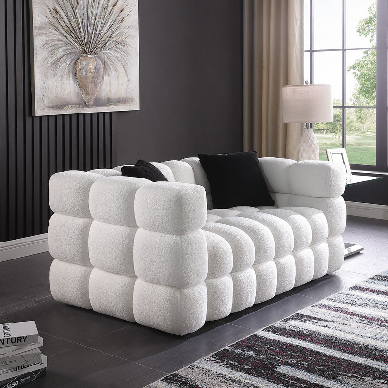 62.2length, 35.83" deepth, human body structure for USA people, marshmallow sofa,boucle sofa, White color,3 seater