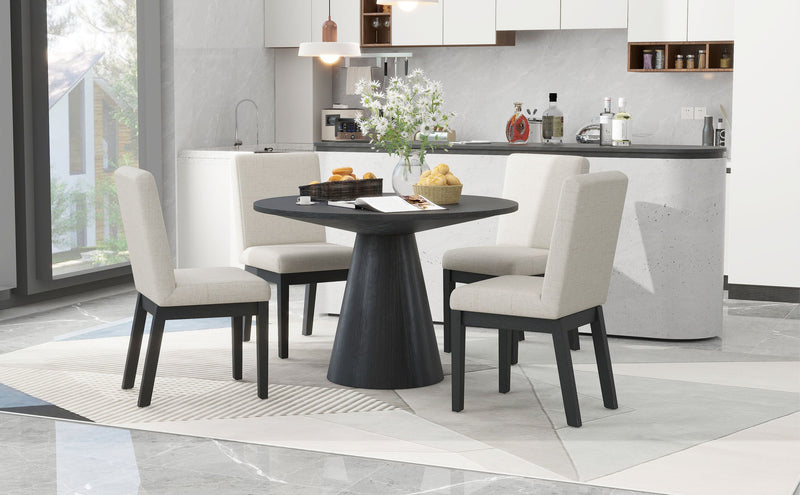 5-piece Dining Set Retro Round Table with 4 Upholstered Chairs for Living Room, Dining Room (Black)