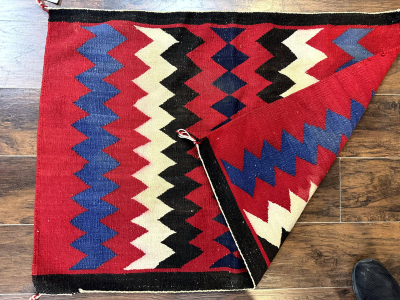 Antique Navajo Rug 3.7 x 2.8, Red Ivory Blue, Zig Zag Pattern, Handmade, Wool