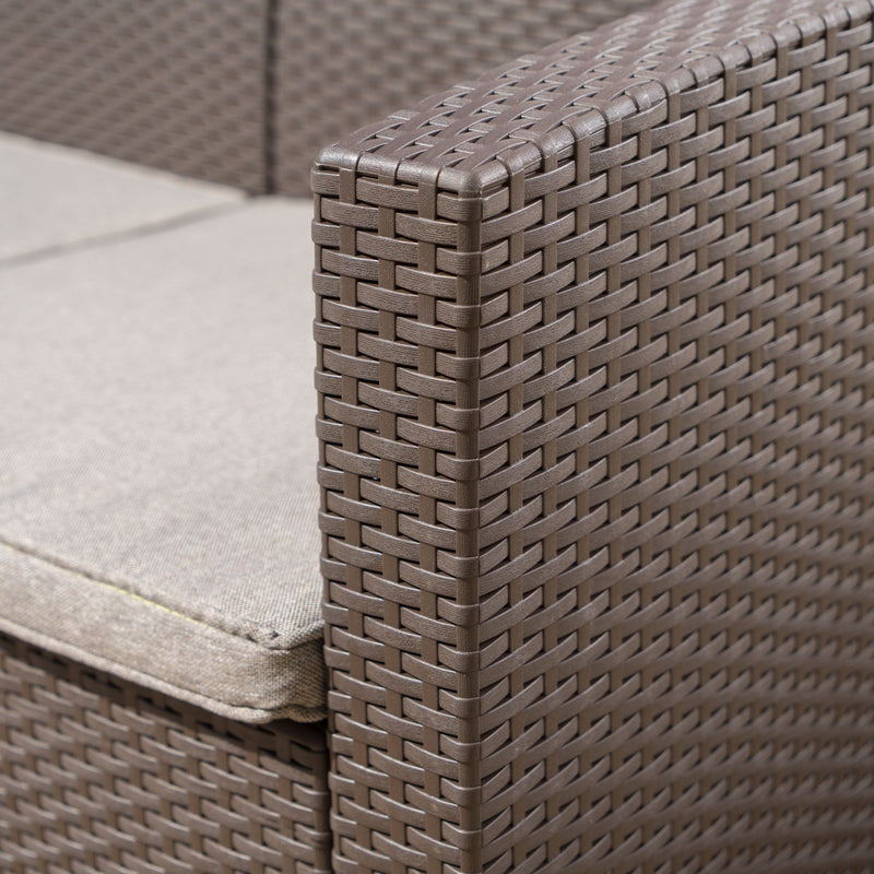 67.7" Outdoor 3-Seater Faux Wicker Rattan Style Sofa with Water Resistant Cushions, Brown / Mix Beige