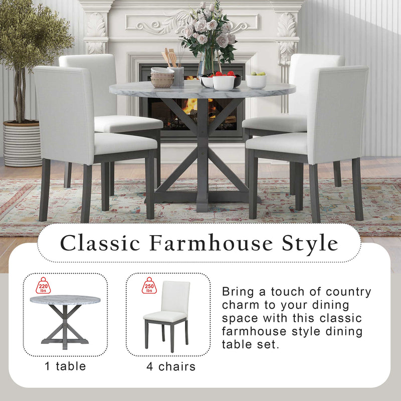5-Piece Farmhouse Style Dining Table Set, Marble Sticker and Cross Bracket Pedestal Dining Table, and 4 Upholstered Chairs (White+Gray)