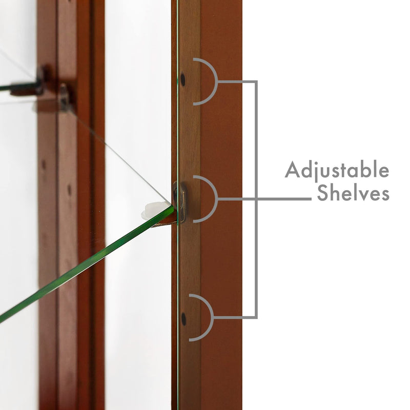 6 Shelf Lighted Corner Curio Cabinet with Adjustable Tempered Glass Shelves and Mirror Back, Oak