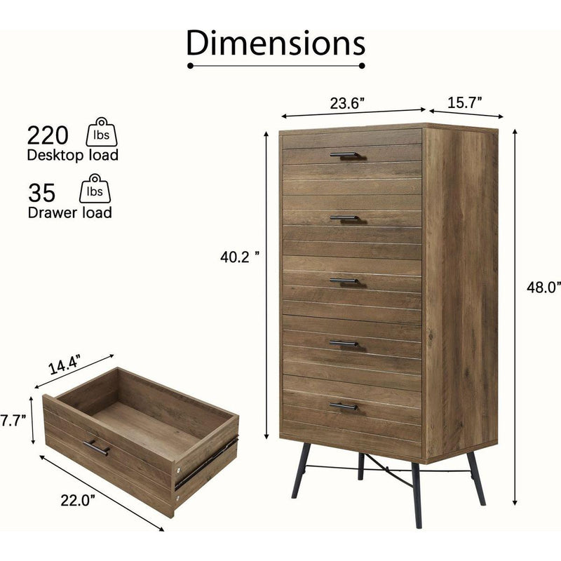 5-Drawer Chest - Spacious and Stylish Chest of Drawers, Dresser for Bedroom, Closet, Hallway, 23.6"W x 15.7"D x 48"H, Rustic Walnut