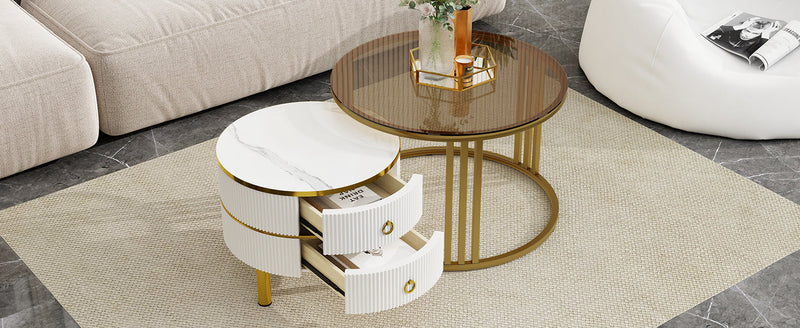 27.5" & 19.6" Stackable Coffee Table with 2 Drawers, Nesting Tables with Brown Tempered Glass and High Gloss Marble Tabletop, Set of 2, Round Center Table for Living Room, White