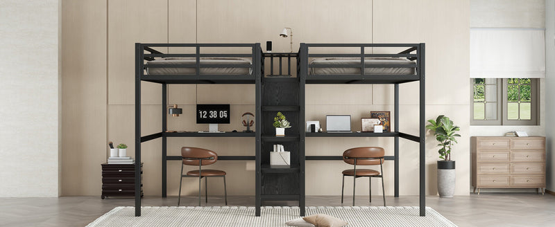 Twin Over Twin Metal Loft Bed with Double Desk and Wardrobe and Shelves with Electrical Outlet for Space Saving and Noise Reduction,Black
