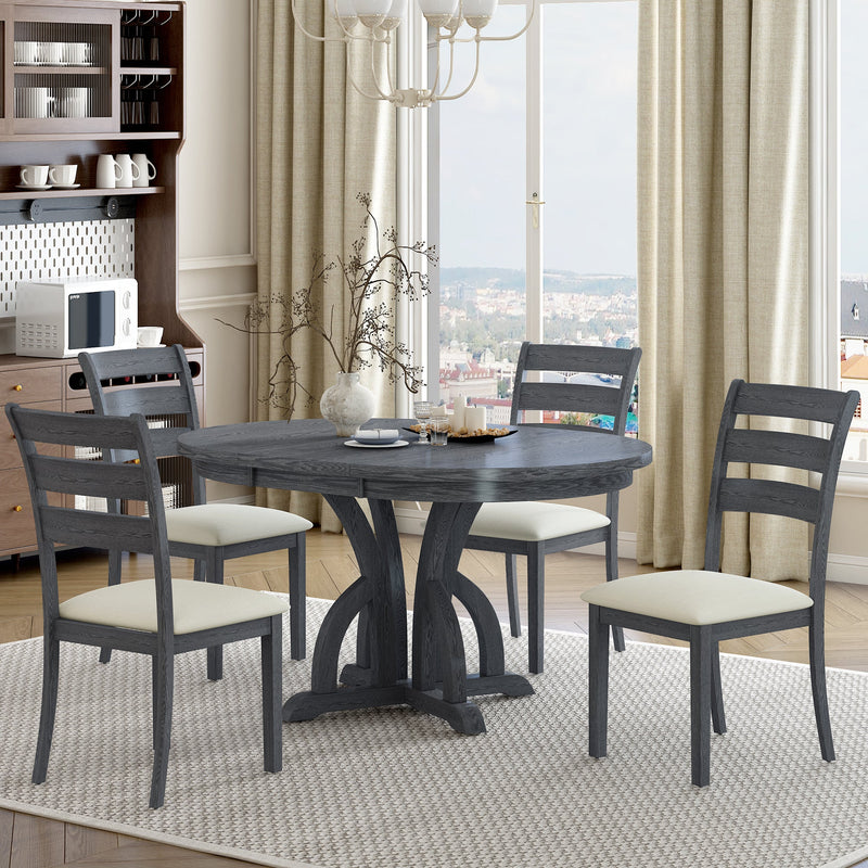 5-Piece Farmhouse Round Pedestal Extending Dining Table Set Extendable Kitchen Table Set with 15.8" Removable Leaf and Ladder Back Dining Chairs for Small Places, Black