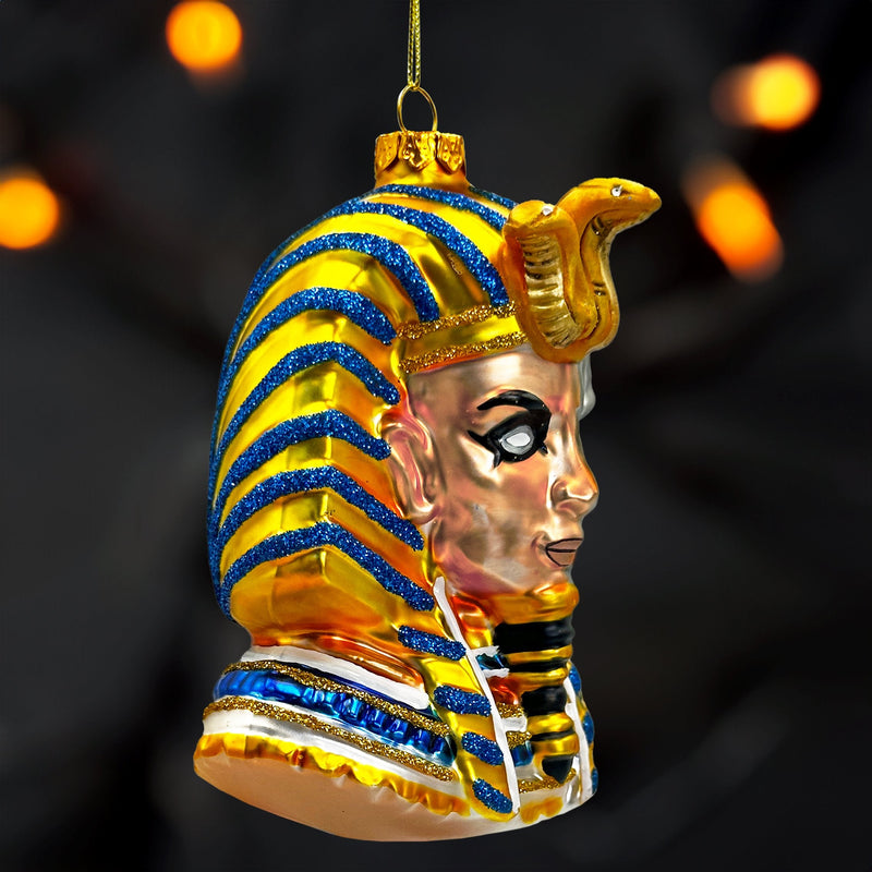 Evil Egyptian Pharoah Half Skull Head Glass Ornament, Gothic Halloween Tree Decor