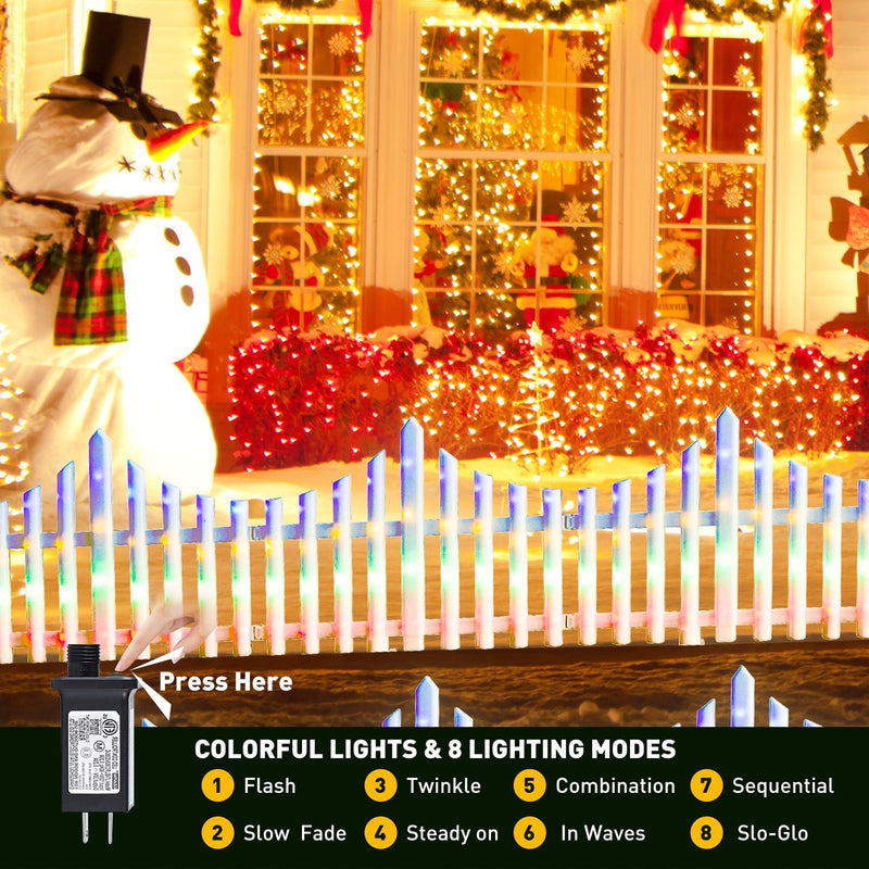 8 PCS Lighted Garden Picket Fence with 8 Inserts & Base - Plug-in LED Lights for Lawn, Patio, Path, Landscape, and Christmas Tree Decoration