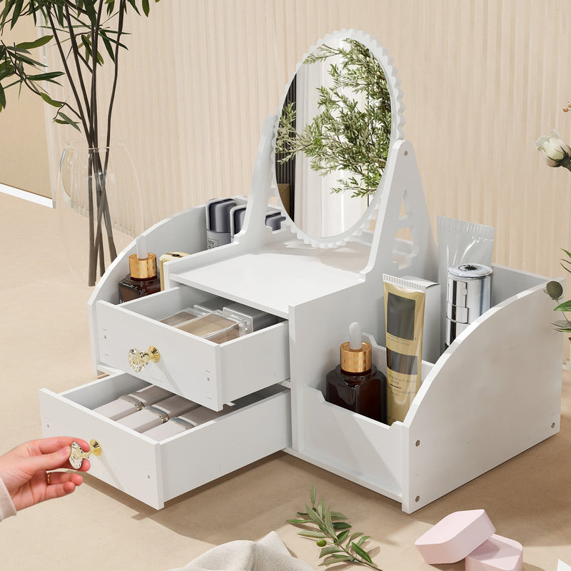 Cosmetics Storage for Vanity with Rotating Mirror, 2 Drawers and 4 Compartments Makeup Storage