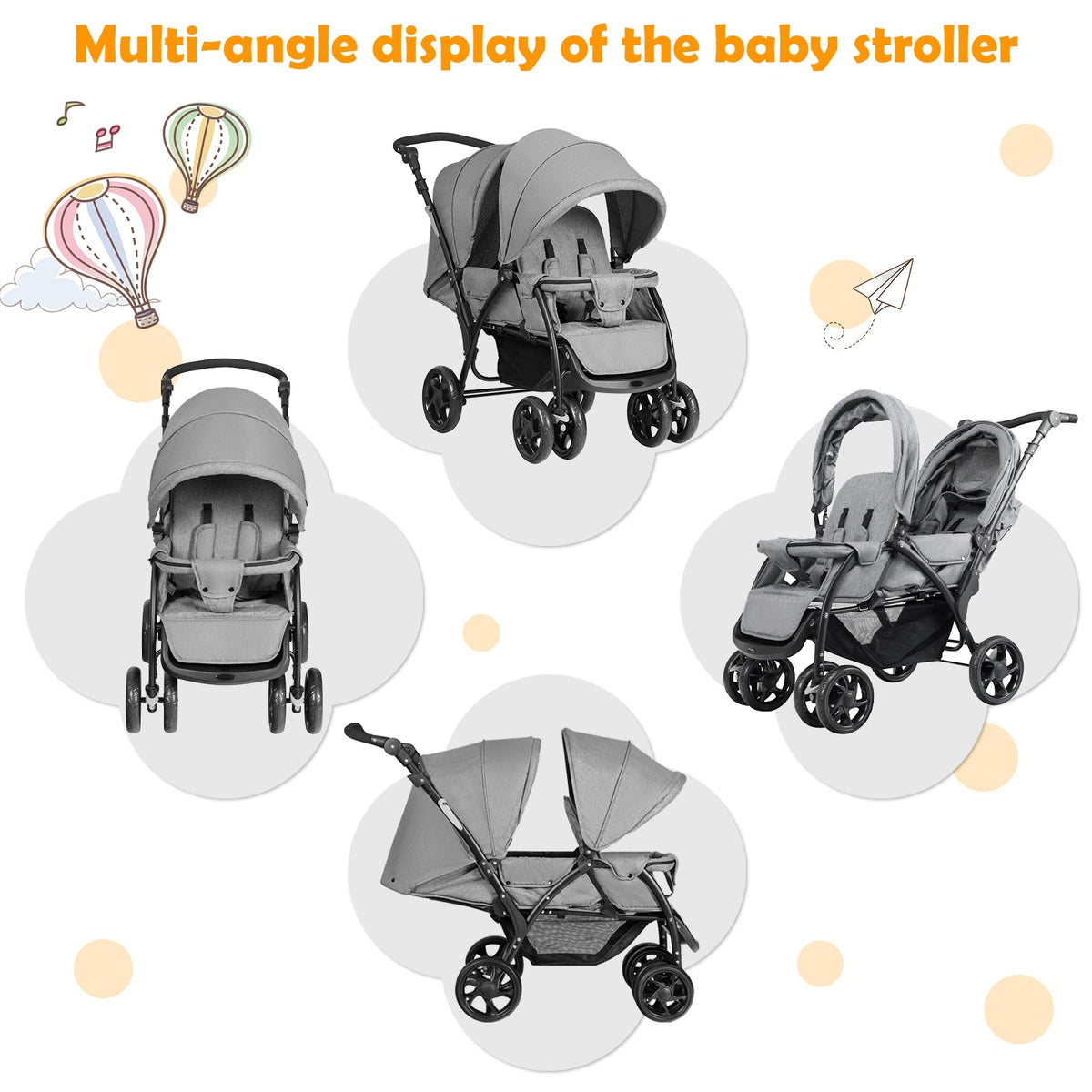 Foldable Lightweight Front Back Seats Double Baby Stroller-Gray, photo 5 of 8