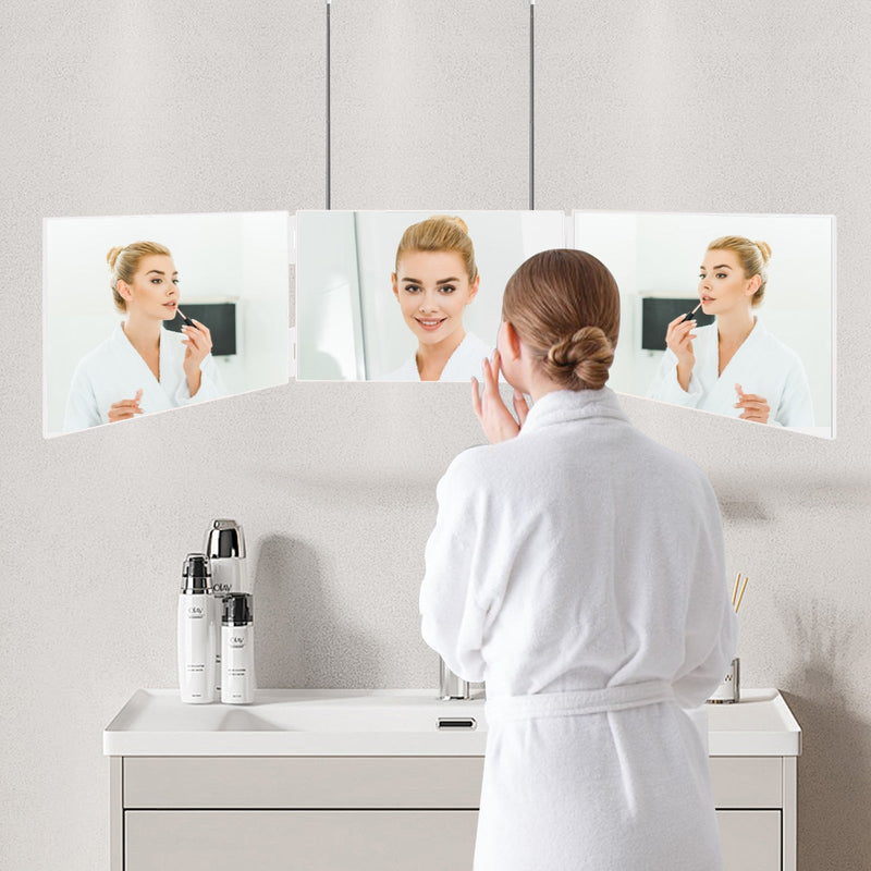 3 Way Mirror for Hair Cutting, 360 Degree Trifold Mirror with Height Adjustable Telescoping Hooks