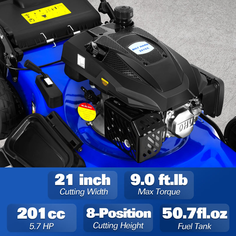 BILT HARD 21" Self-Propelled Gas Lawn Mower – 201cc 4-Cycle Engine, 3-in-1 Mulching, Bagging & Side Discharge, 8-Position Height Adjustment, Easy Start