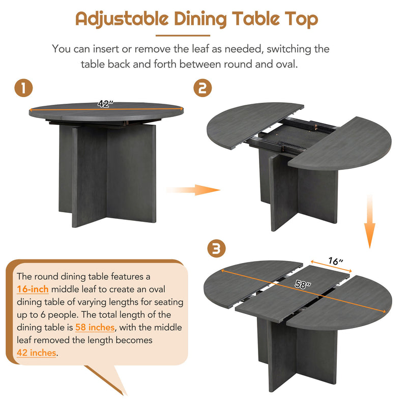 5-Piece Retro Functional Dining Set, 1 Extendable Table with a 16-inch Leaf and 4 Upholstered Chairs for Dining Room and Kitchen (Gray)