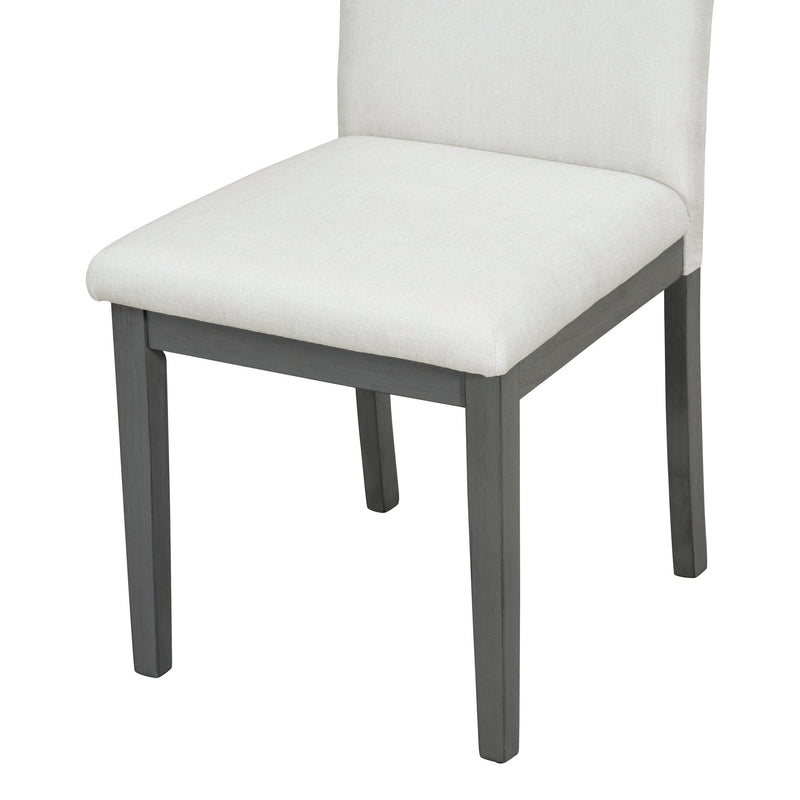 5-Piece Farmhouse Style Dining Table Set, Marble Sticker and Cross Bracket Pedestal Dining Table, and 4 Upholstered Chairs (White+Gray)