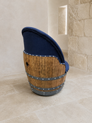 Whiskey & Wine Barrel Lounge Chair — Hidden Storage, Memory Foam, Blue Denim Upholstery (Limited)