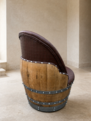 Whiskey & Wine Barrel Lounge Chair — Hidden Storage, Memory Foam, Checkered Brown Upholstery (Limited)