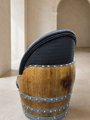 Whiskey & Wine Barrel Lounge Chair — Hidden Storage, Memory Foam, Checkered Gray Upholstery (Limited)
