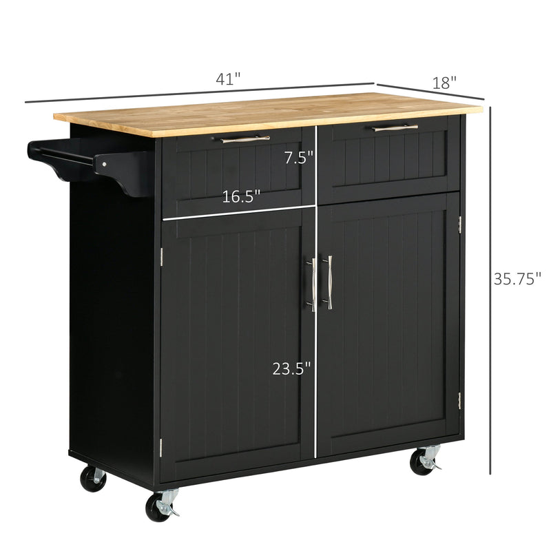 41" Modern Rolling Kitchen Island on Wheels, Utility Cart Storage Trolley with Rubberwood Top & Drawers, Black