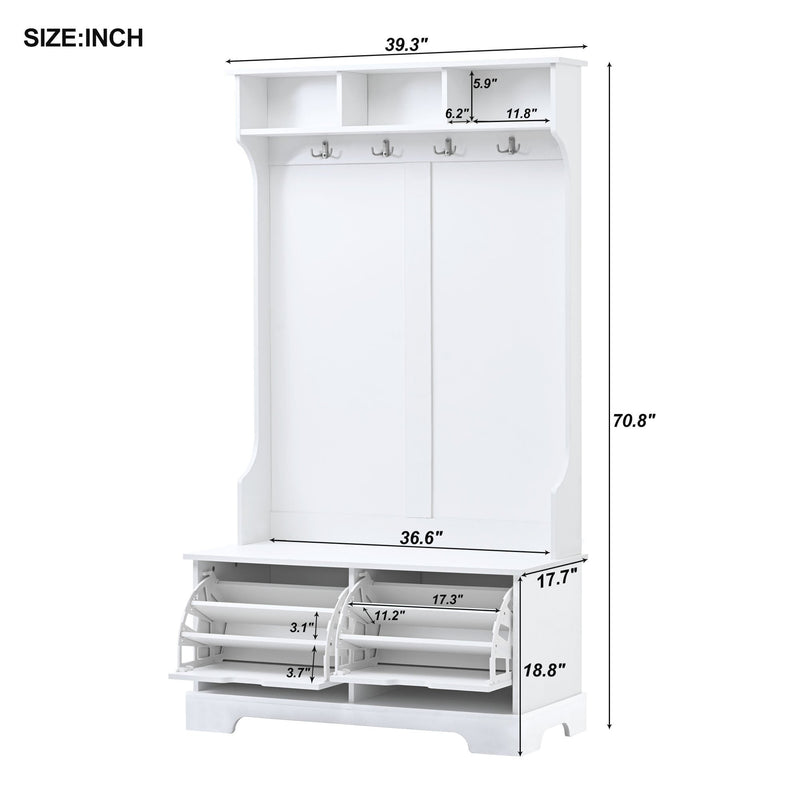 All in One Hall Tree with 3 Top Shelves and 2 Flip Shoe Storage Drawers, Wood Hallway Organizer with Storage Bench and Metal Hanging Hooks, White