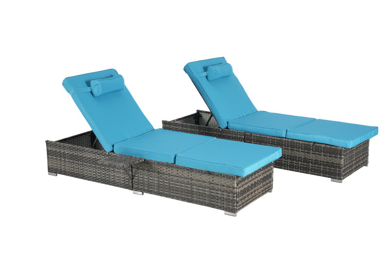 Outdoor Chaise Lounge Chair Set of 2 with Storage Patio Pool Chairs Tanning Lounges for Outside,Beach Rattan Recliners with Adjustable Backrest, Table, Cushion for Poolside Backyard Garden