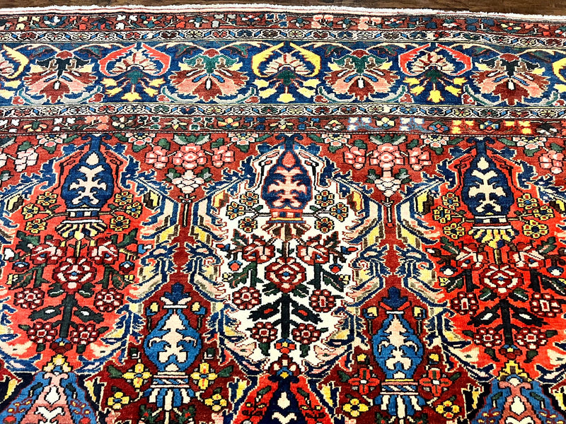 Large Persian Bakhtiari Rug 10x14, Rare Perisan Tribal Rug, Red Blue Ivory Multicolor, Hand Knotted, Semi Antique Carpet