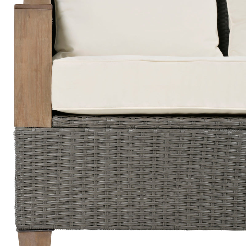 4-Piece Rattan Outdoor Conversation Sofa Set with Wooden Coffee Table and Cushions Seating 5 People for Patio, Garden and Backyard (Grey)