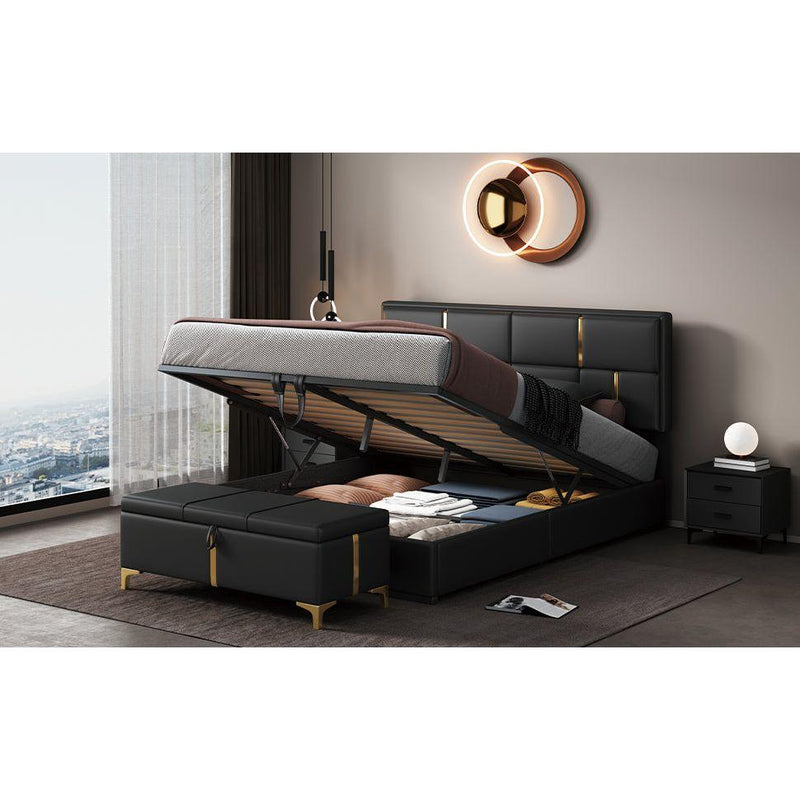 2-Pieces Bedroom Sets,Queen Size Upholstered Platform Bed with Hydraulic Storage System,Storage Ottoman with Metal Legs,Black