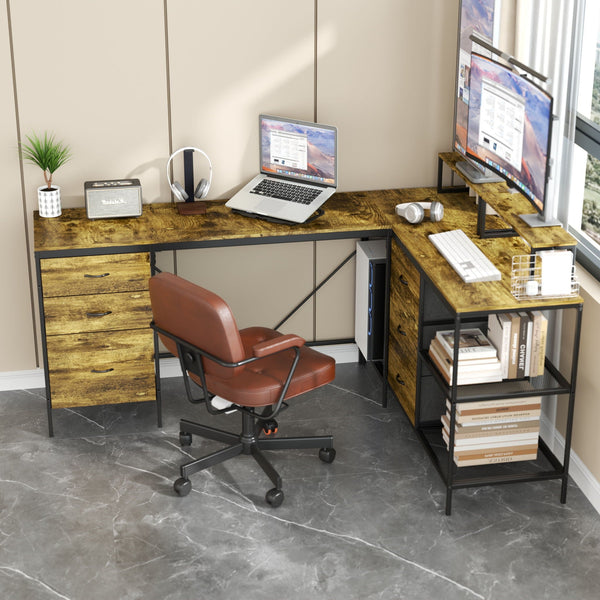 Industrial L Shaped Desk With Power Hub With 6 Drawers And Adjustable Monitor Stands - Brown, photo 2 of 7
