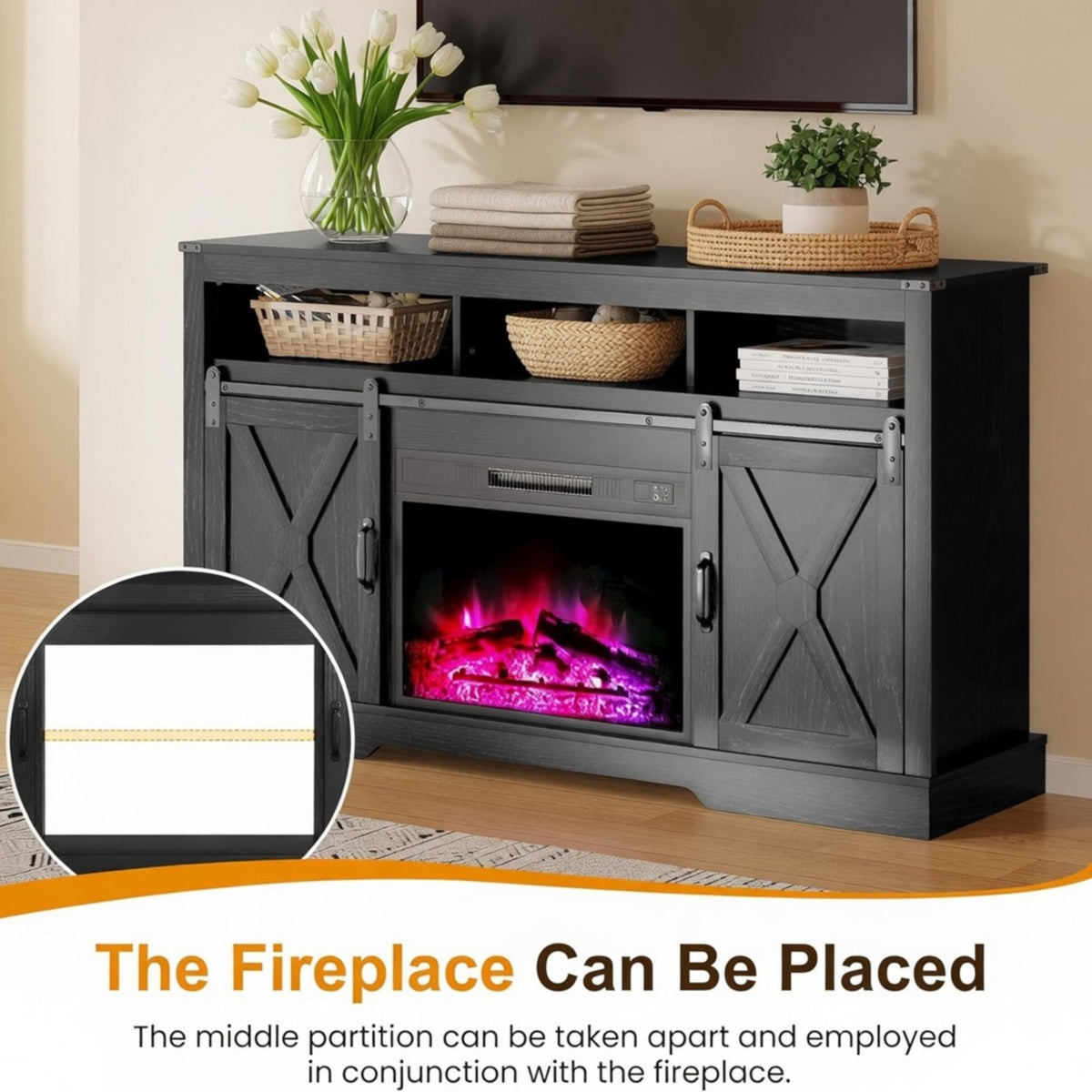 Farmhouse TV Stand With Sliding Barn Doors & Adjustable Storage, photo 4 of 40