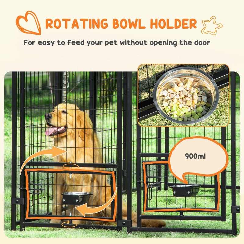 8' x 4' x 6' Dog Kennel Outdoor with Rotating Bowl Holders, Walk-in Pet Playpen, Welded Wire Steel Dog Fence with Water-and UV-Resistant Canopy, Green