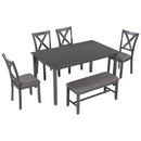 6-Piece Kitchen Dining Table Set Wooden Rectangular Dining Table, 4 Fabric Chairs and Bench Family Furniture (Gray)