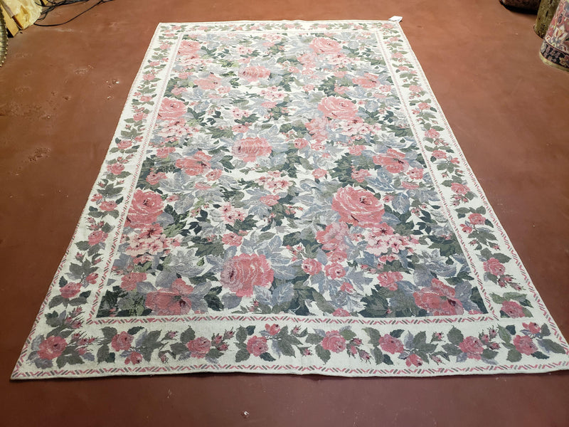 5x8 Needlepoint Rug 5' 4" x 8' 3" Wool Flat Weave Floral New Unused Carpet English Design Ivory Large Pink Flowers Green Leaves Hand-Knotted