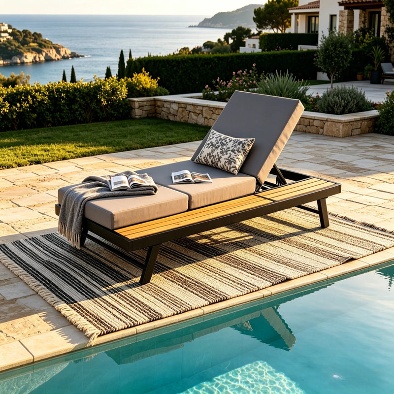 Black Iron + Teak Finish Chaise Lounge Set, photo 4 of 10