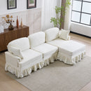 L-Shaped Sectional Sofa With Removable Ruffled Skirt, Flared Arms, Ottoman - White by HouseOfZazla