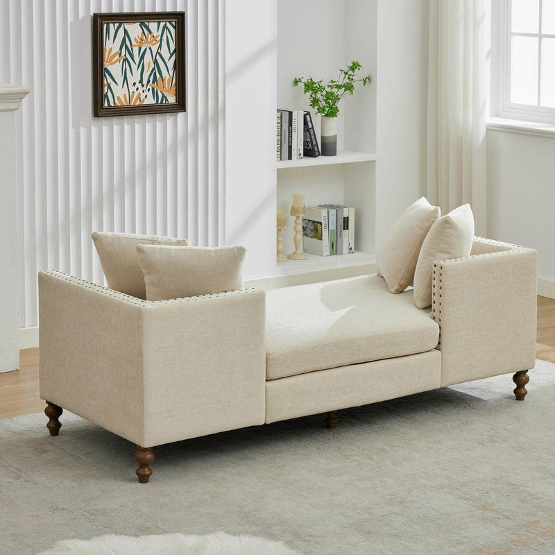 75.2'' Wide Upholstered Chaise Lounge Indoor with Nailheads,Sleeper Sofa Couch With 4 Throw Pillows&2 Bolsters,Daybed with Rubberwood Legs For Living Room,Bedroom, Apartment,Guestroom,Beige Chenille